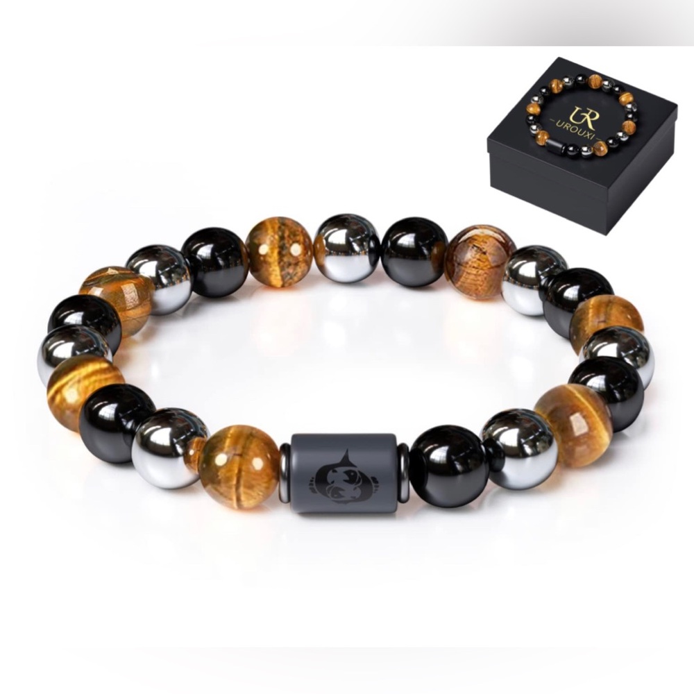 Healing Crystal Bracelet with Zodiac Stone NaturalTigerEye Hematite BlkObsidian